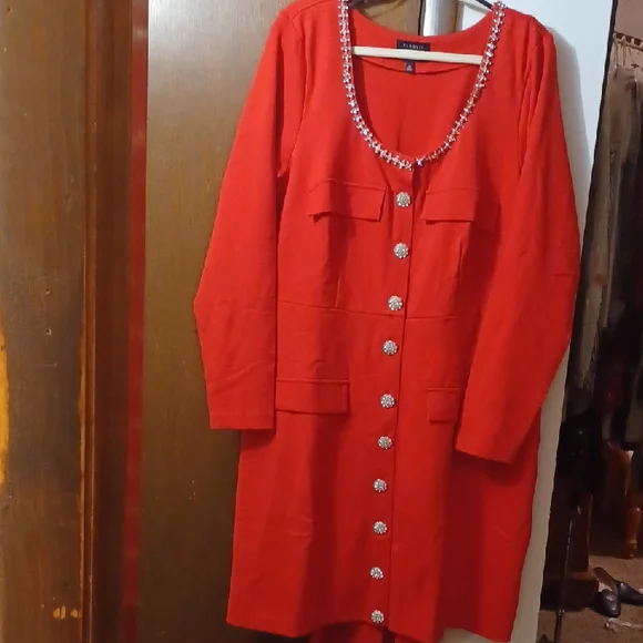 Eloquii Red Long Sleeve Dress with Embellished Neckline - Picture 6 of 10